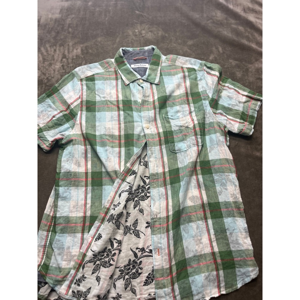 Tommy Bahama Mens L Plaid Short Sleeve Button Up Shirt Floral Trim Casual